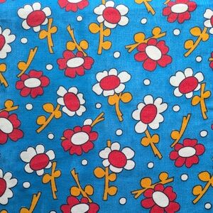 Vintage Corduroy Fabric Yardage Blue Red Hippie Mod Flower Power Print 2 Yds